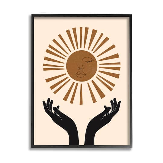 Stupell Industries Hands Holding Desert Sun with Face Linework in Frame Wall Art